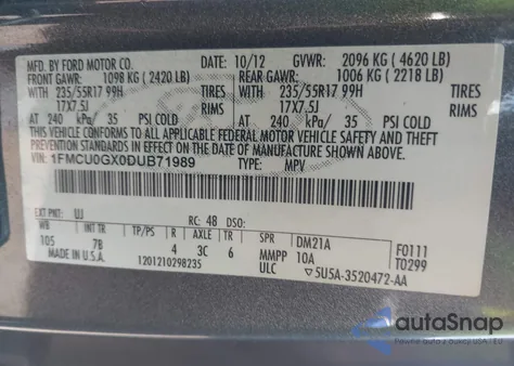 2013 Ford Escape Se из США, поврежденный, VIN 1FMCU0GX0DUB71989